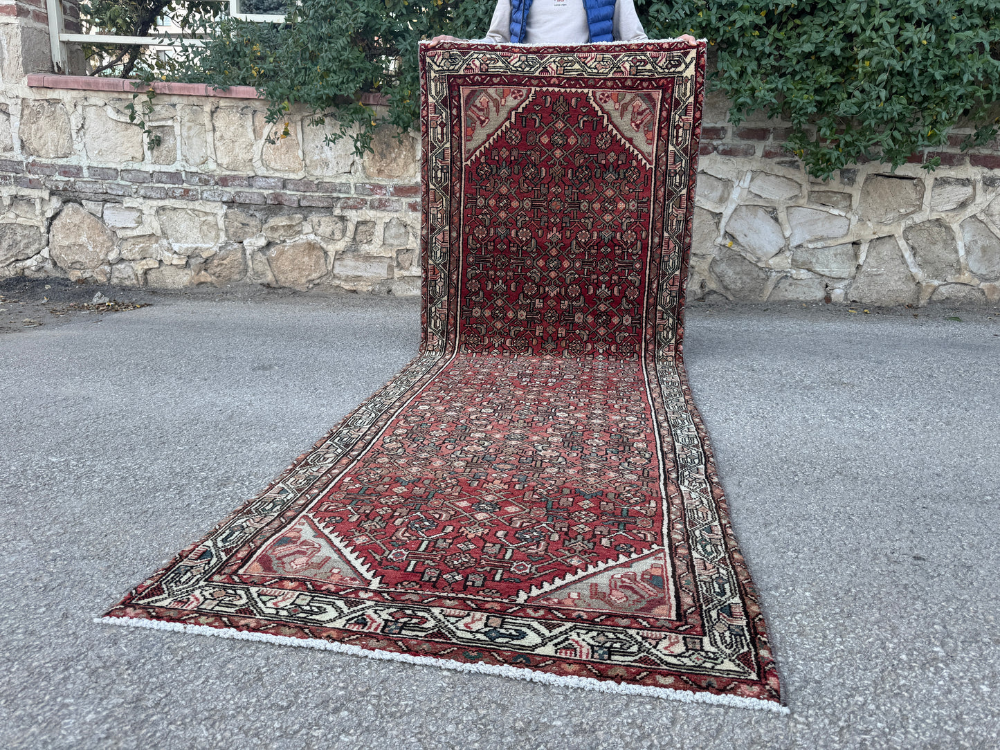 3x9 Vintage Hamadan Runner Rug – Hand Knotted Persian Wool Rug, Red Traditional Hallway Rug- sku2059