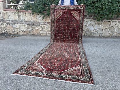 3x9 Vintage Hamadan Runner Rug – Hand Knotted Persian Wool Rug, Red Traditional Hallway Rug- sku2059