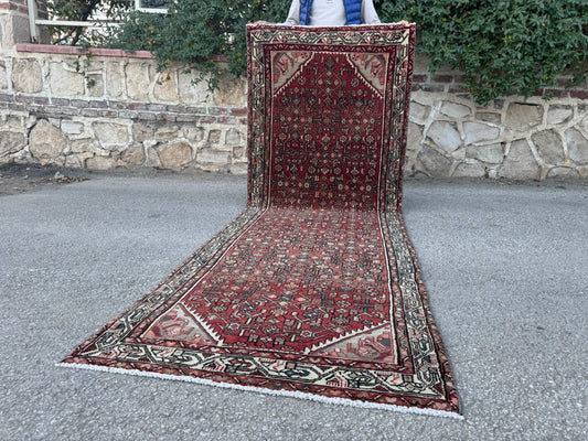 3x9 Vintage Hamadan Runner Rug – Hand Knotted Persian Wool Rug, Red Traditional Hallway Rug- sku2059