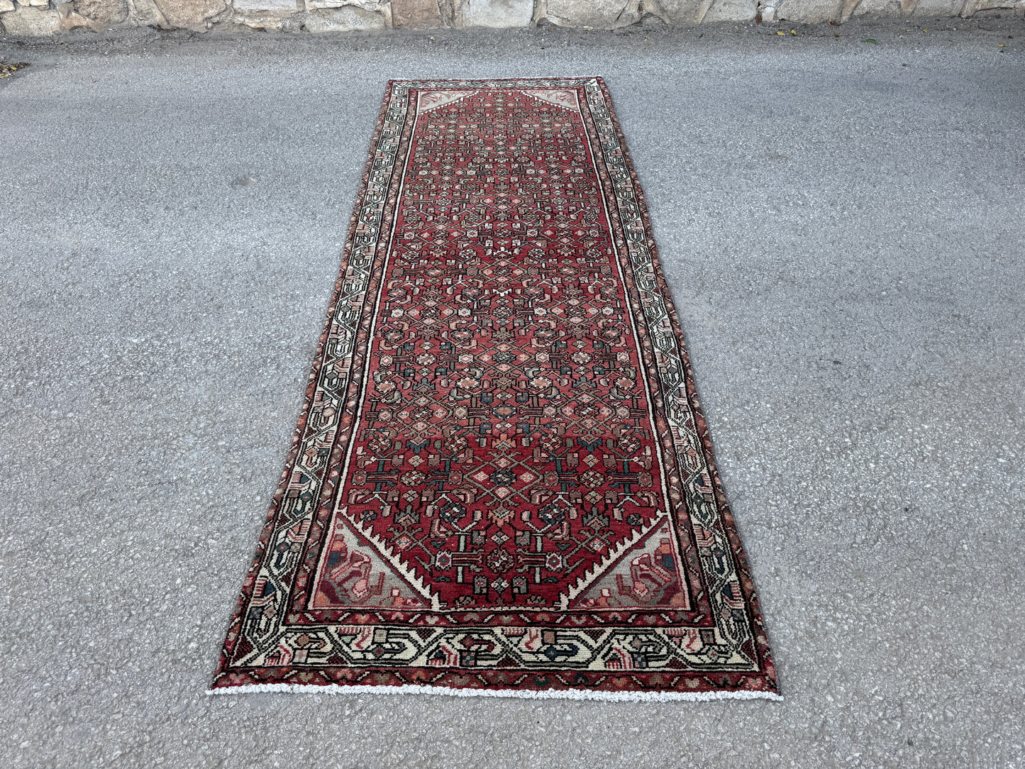 3x9 Vintage Hamadan Runner Rug – Hand Knotted Persian Wool Rug, Red Traditional Hallway Rug- sku2059