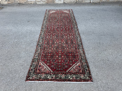 3x9 Vintage Hamadan Runner Rug – Hand Knotted Persian Wool Rug, Red Traditional Hallway Rug- sku2059