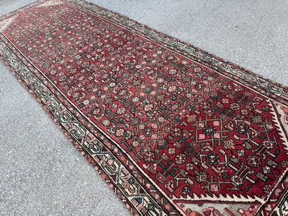 3x9 Vintage Hamadan Runner Rug – Hand Knotted Persian Wool Rug, Red Traditional Hallway Rug- sku2059