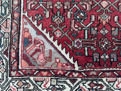 3x9 Vintage Hamadan Runner Rug – Hand Knotted Persian Wool Rug, Red Traditional Hallway Rug- sku2059