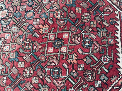 3x9 Vintage Hamadan Runner Rug – Hand Knotted Persian Wool Rug, Red Traditional Hallway Rug- sku2059