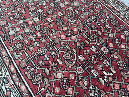 3x9 Vintage Hamadan Runner Rug – Hand Knotted Persian Wool Rug, Red Traditional Hallway Rug- sku2059