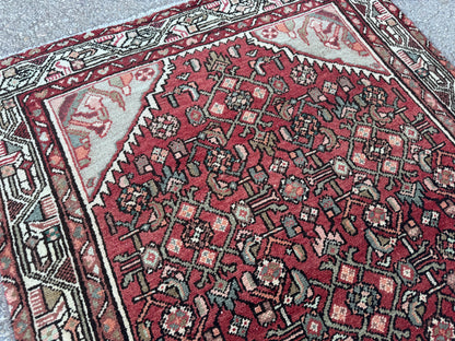 3x9 Vintage Hamadan Runner Rug – Hand Knotted Persian Wool Rug, Red Traditional Hallway Rug- sku2059