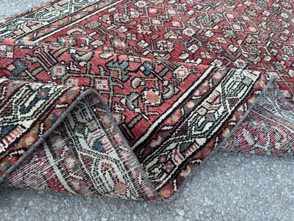 3x9 Vintage Hamadan Runner Rug – Hand Knotted Persian Wool Rug, Red Traditional Hallway Rug- sku2059