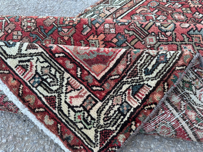 3x9 Vintage Hamadan Runner Rug – Hand Knotted Persian Wool Rug, Red Traditional Hallway Rug- sku2059