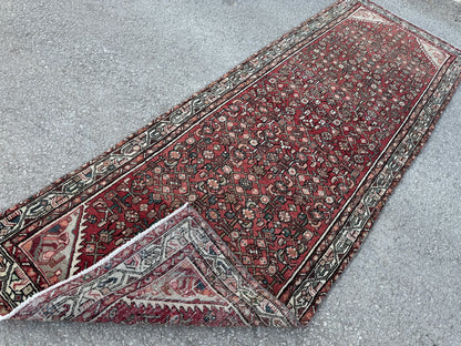 3x9 Vintage Hamadan Runner Rug – Hand Knotted Persian Wool Rug, Red Traditional Hallway Rug- sku2059