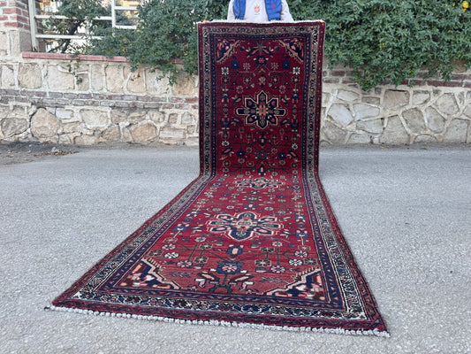 3x9 Vintage Persian Runner Rug – 1970s Hand Knotted Wool Rug, Red Tribal Hallway Rug - sku2060