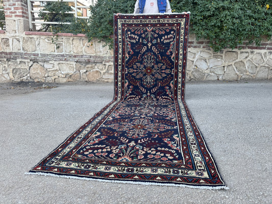 3x10 Vintage Runner Rug –Navy Floral Persian Style Hallway Rug, 1970s Antique Runner - sku2063