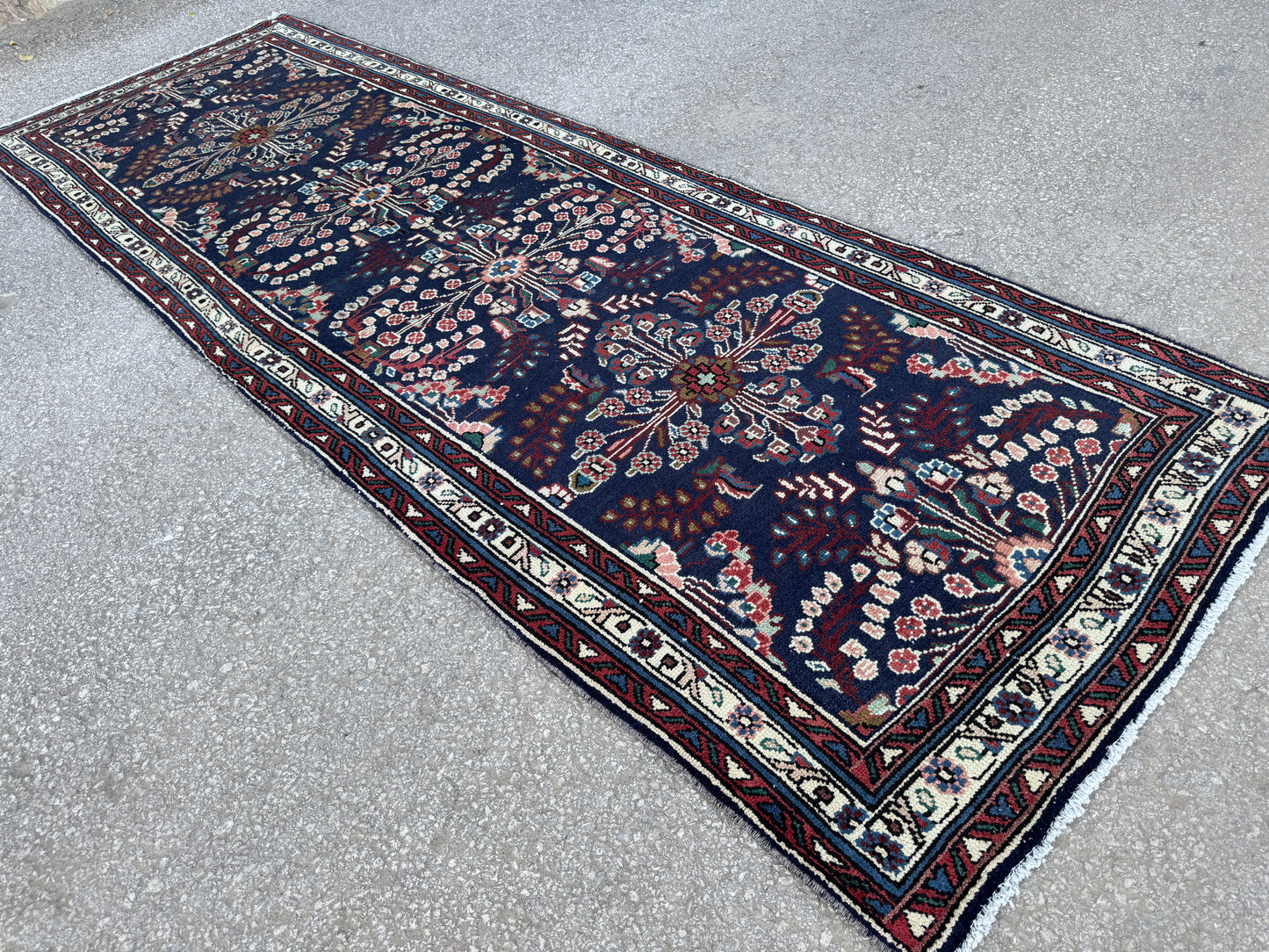 3x10 Vintage Runner Rug –Navy Floral Persian Style Hallway Rug, 1970s Antique Runner - sku2063
