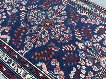 3x10 Vintage Runner Rug –Navy Floral Persian Style Hallway Rug, 1970s Antique Runner - sku2063
