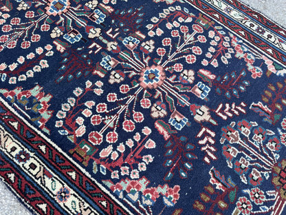3x10 Vintage Runner Rug –Navy Floral Persian Style Hallway Rug, 1970s Antique Runner - sku2063