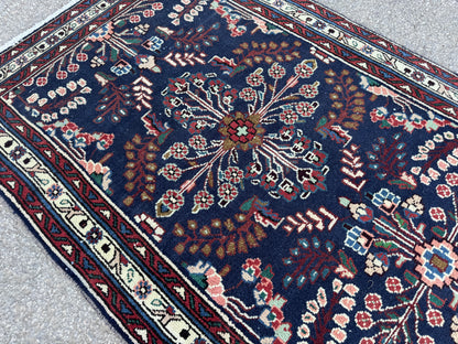 3x10 Vintage Runner Rug –Navy Floral Persian Style Hallway Rug, 1970s Antique Runner - sku2063