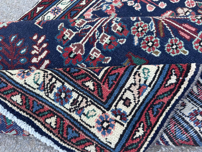 3x10 Vintage Runner Rug –Navy Floral Persian Style Hallway Rug, 1970s Antique Runner - sku2063