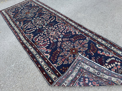 3x10 Vintage Runner Rug –Navy Floral Persian Style Hallway Rug, 1970s Antique Runner - sku2063