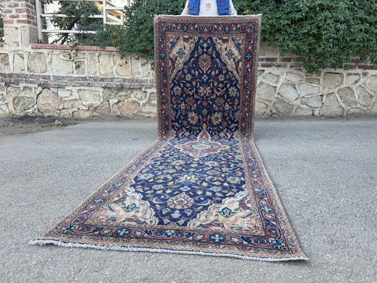 3x10 Vintage Persian Runner Rug – 1960s Hand Knotted Wool Rug, Navy Blue Floral Hallway Rug - sku2062
