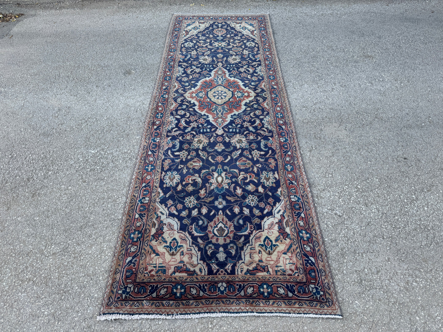 3x10 Vintage Persian Runner Rug – 1960s Hand Knotted Wool Rug, Navy Blue Floral Hallway Rug - sku2062