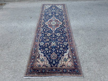 3x10 Vintage Persian Runner Rug – 1960s Hand Knotted Wool Rug, Navy Blue Floral Hallway Rug - sku2062