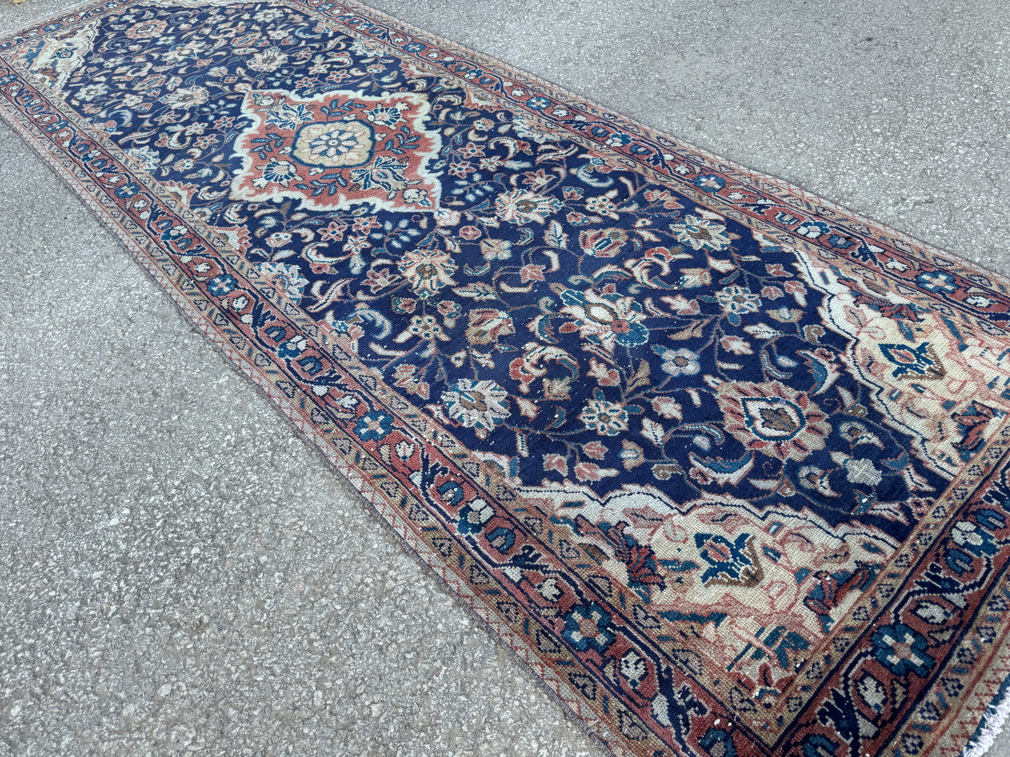 3x10 Vintage Persian Runner Rug – 1960s Hand Knotted Wool Rug, Navy Blue Floral Hallway Rug - sku2062