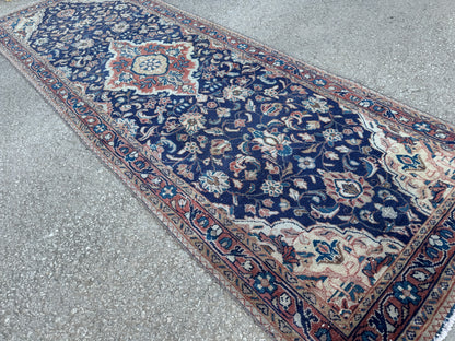 3x10 Vintage Persian Runner Rug – 1960s Hand Knotted Wool Rug, Navy Blue Floral Hallway Rug - sku2062
