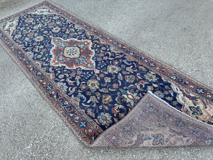 3x10 Vintage Persian Runner Rug – 1960s Hand Knotted Wool Rug, Navy Blue Floral Hallway Rug - sku2062