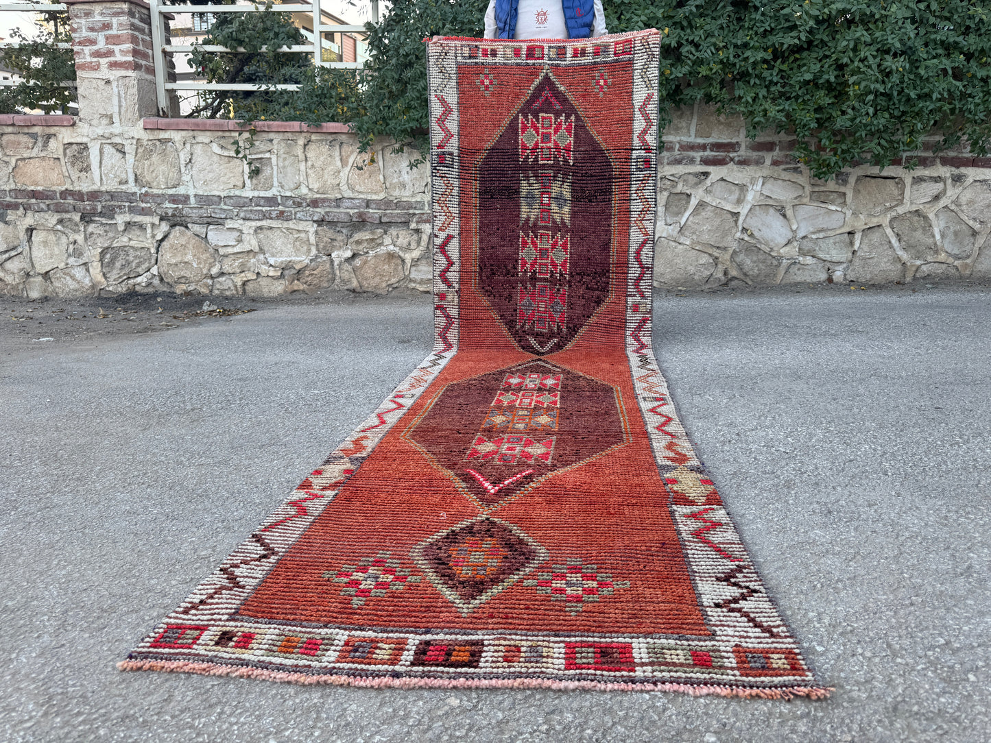 3x11 Vintage Herki Runner Rug – Hand Knotted Wool Rug, Tribal Terracotta Hallway Rug, 1970s Kurdish Minimal Runner- sku2044