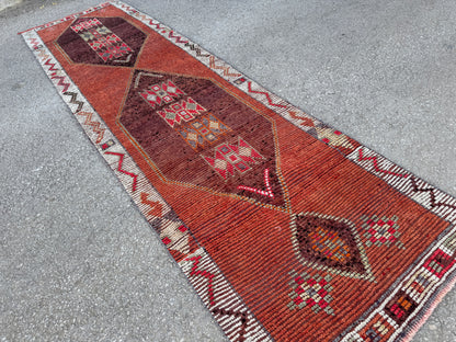 3x11 Vintage Herki Runner Rug – Hand Knotted Wool Rug, Tribal Terracotta Hallway Rug, 1970s Kurdish Minimal Runner- sku2044