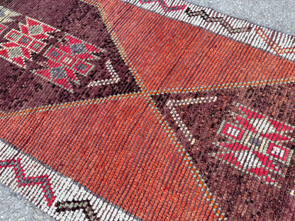 3x11 Vintage Herki Runner Rug – Hand Knotted Wool Rug, Tribal Terracotta Hallway Rug, 1970s Kurdish Minimal Runner- sku2044