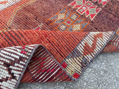 3x11 Vintage Herki Runner Rug – Hand Knotted Wool Rug, Tribal Terracotta Hallway Rug, 1970s Kurdish Minimal Runner- sku2044