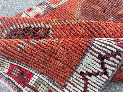 3x11 Vintage Herki Runner Rug – Hand Knotted Wool Rug, Tribal Terracotta Hallway Rug, 1970s Kurdish Minimal Runner- sku2044