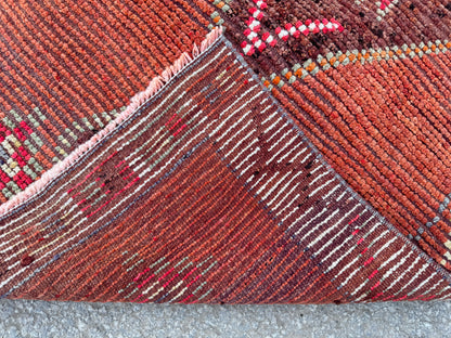 3x11 Vintage Herki Runner Rug – Hand Knotted Wool Rug, Tribal Terracotta Hallway Rug, 1970s Kurdish Minimal Runner- sku2044