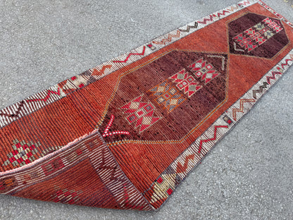 3x11 Vintage Herki Runner Rug – Hand Knotted Wool Rug, Tribal Terracotta Hallway Rug, 1970s Kurdish Minimal Runner- sku2044