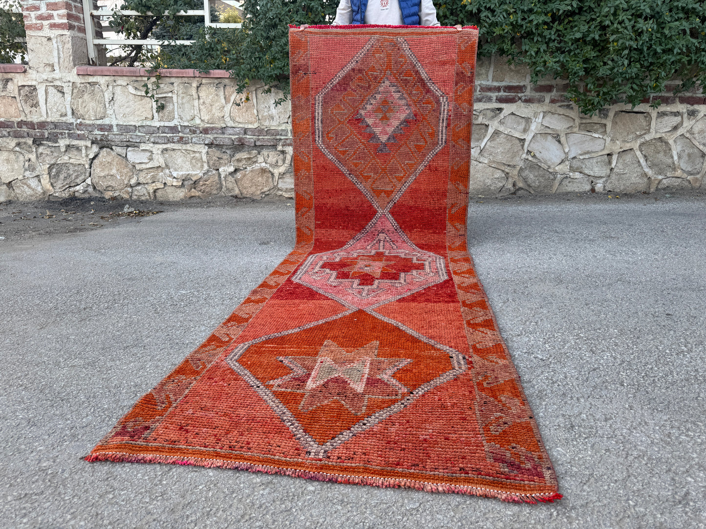 3x10 Vintage Herki Runner Rug – Terracotta Tribal Hallway Rug, 1970s Boho Runner- sku2045