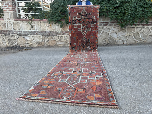 2.7x12 Vintage Runner Rug – Hand Knotted Wool Rug, Long Narrow Tribal Hallway Rug, 1970s-sku2047 Earth Tone Runner