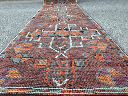 2.7x12 Vintage Runner Rug – Hand Knotted Wool Rug, Long Narrow Tribal Hallway Rug, 1970s-sku2047 Earth Tone Runner