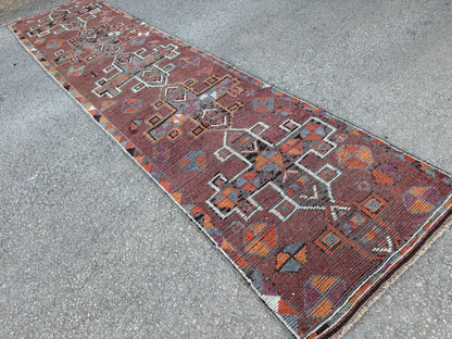 2.7x12 Vintage Runner Rug – Hand Knotted Wool Rug, Long Narrow Tribal Hallway Rug, 1970s-sku2047 Earth Tone Runner