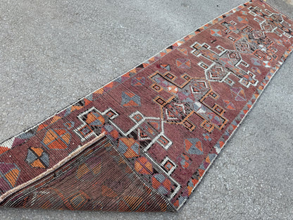 2.7x12 Vintage Runner Rug – Hand Knotted Wool Rug, Long Narrow Tribal Hallway Rug, 1970s-sku2047 Earth Tone Runner