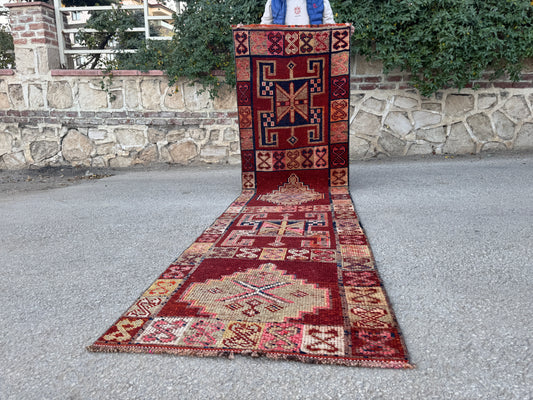 2x10 Vintage Herki Runner Rug – 1980s Hand Knotted Wool on Wool Rug, Tribal Red Hallway Rug - sku2043