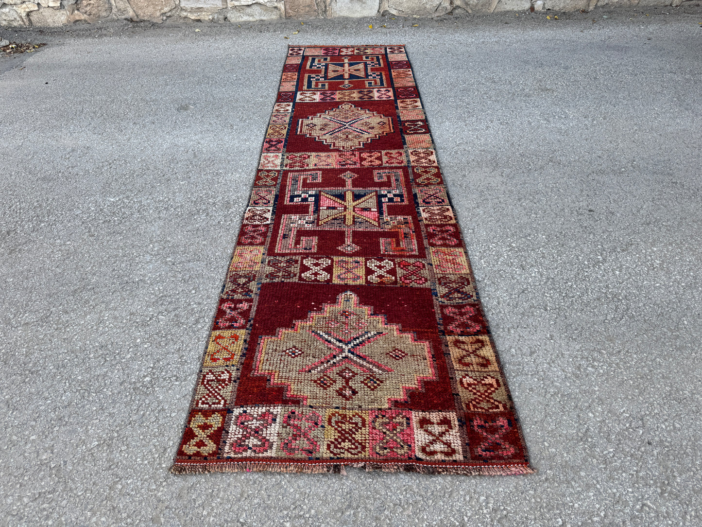 2x10 Vintage Herki Runner Rug – 1980s Hand Knotted Wool on Wool Rug, Tribal Red Hallway Rug - sku2043