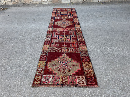 2x10 Vintage Herki Runner Rug – 1980s Hand Knotted Wool on Wool Rug, Tribal Red Hallway Rug - sku2043