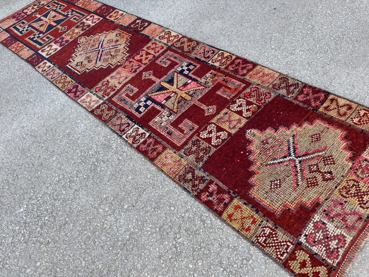 2x10 Vintage Herki Runner Rug – 1980s Hand Knotted Wool on Wool Rug, Tribal Red Hallway Rug - sku2043