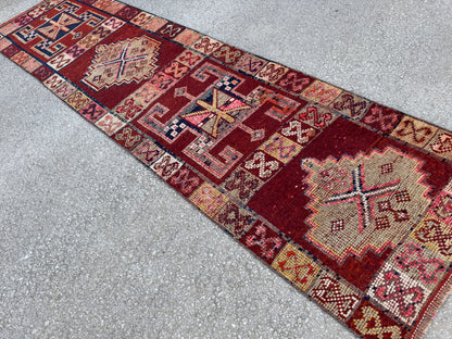 2x10 Vintage Herki Runner Rug – 1980s Hand Knotted Wool on Wool Rug, Tribal Red Hallway Rug - sku2043