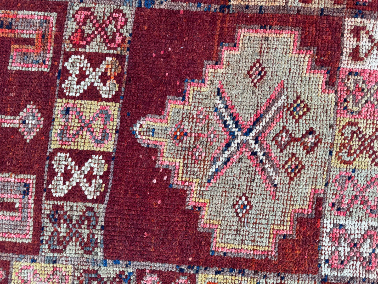 2x10 Vintage Herki Runner Rug – 1980s Hand Knotted Wool on Wool Rug, Tribal Red Hallway Rug - sku2043