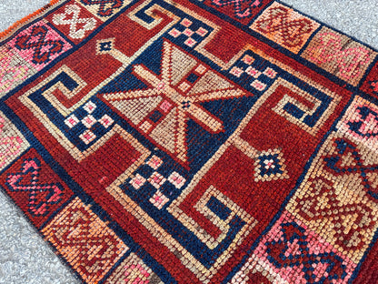 2x10 Vintage Herki Runner Rug – 1980s Hand Knotted Wool on Wool Rug, Tribal Red Hallway Rug - sku2043