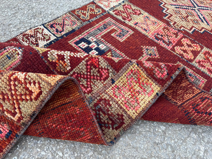 2x10 Vintage Herki Runner Rug – 1980s Hand Knotted Wool on Wool Rug, Tribal Red Hallway Rug - sku2043