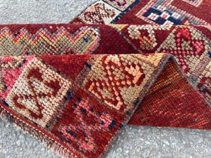 2x10 Vintage Herki Runner Rug – 1980s Hand Knotted Wool on Wool Rug, Tribal Red Hallway Rug - sku2043