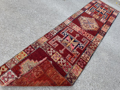 2x10 Vintage Herki Runner Rug – 1980s Hand Knotted Wool on Wool Rug, Tribal Red Hallway Rug - sku2043