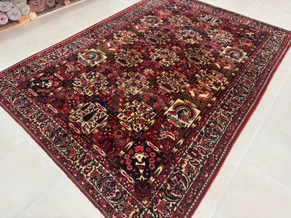 Vintage Bakhtiari Wool Rug 7x10 ft – Hand Knotted Persian Style Red Patchwork Area Rug (1960s)- sku2100